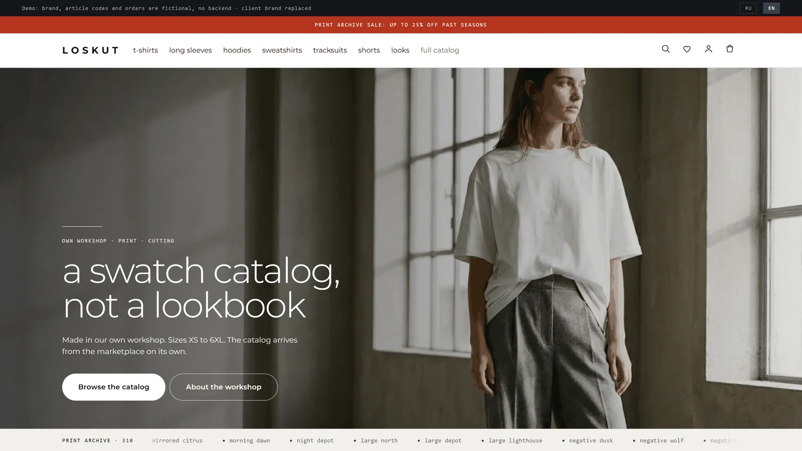 Home page: full-screen frame, lowercase headline, ticker of print names under the first screen
